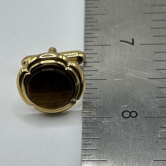 Tiger Eye Cuff Links Brown Gold Tone Round Unsigned - Picture 8 of 9